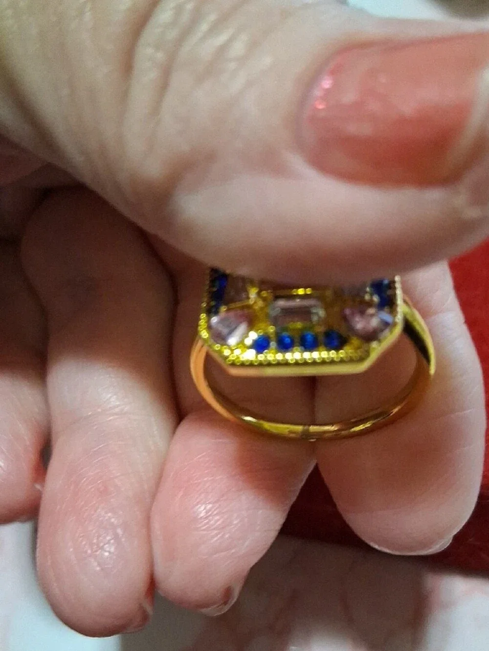 Source Unknown Gold-Tone Ring with Pink Center and Blue Accents